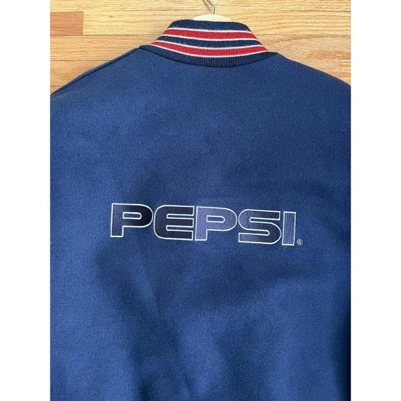 VINTAGE 1990s PEPSI LOGO BLUE RED BOMBER VARSITY LEATHER STARTER JACKET SIZE XL - Picture 5 of 7
